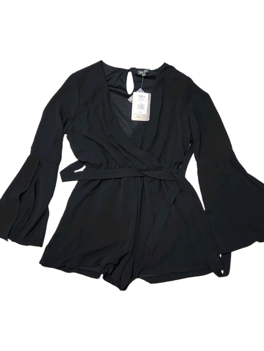 Lily Rose Romper Large Black V Neck NWT $48 Dressy Shorts Bell Sleeves